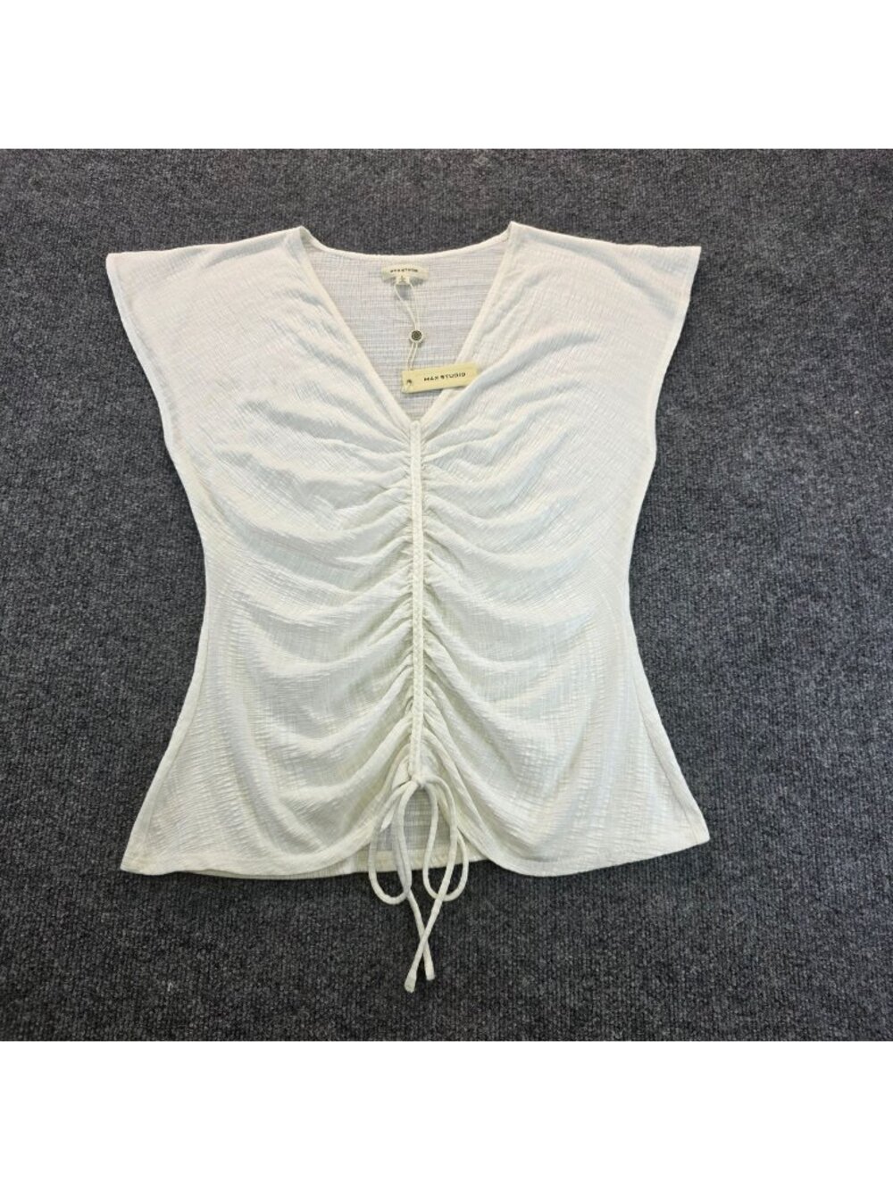 Max Studio Shirred Top Sze L White Cinched Stretch Fairy Coquette Indie Festival